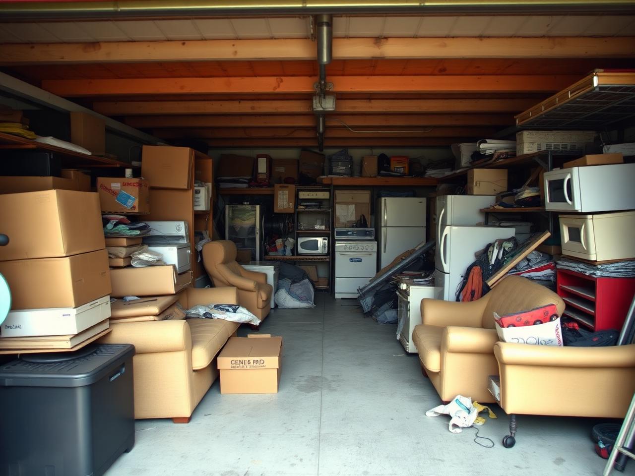 Cluttered garage packed with furniture, boxes and old appliances before cleanout