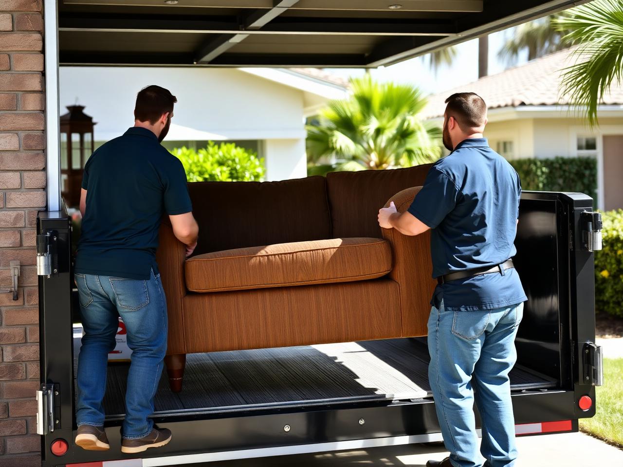 CMP crew members loading an old sofa into a black dump trailer