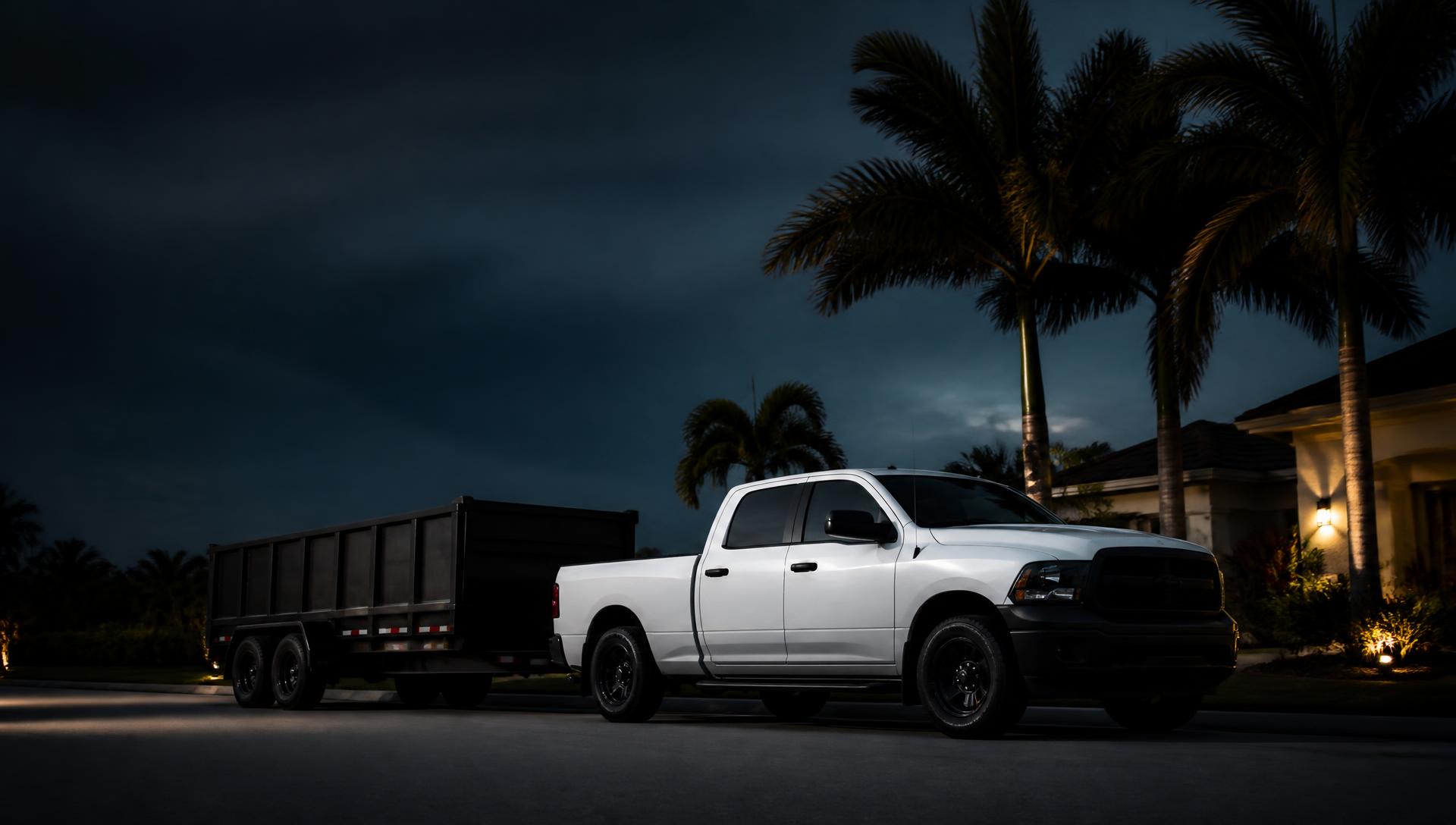 CMP Junk Removal truck and black dump trailer parked on a South Florida street at dusk